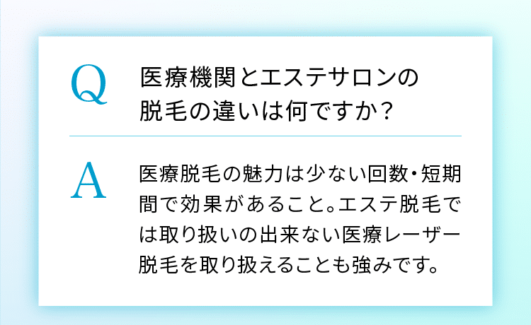 医療脱毛の魅力は少ない回数・短期間で効果があること。エステ脱毛では取り扱いのできない医療レーザー脱毛を取り扱えることも強みです。